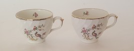Pair of Royal Crown England Teacups Gold Rim w Bird Blossom Pink Floral Design - £51.85 GBP