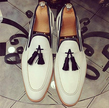 Men&#39;s White Color Loafer Slip On Black Tassels Spectator Genuine Leather Shoes - £121.78 GBP+