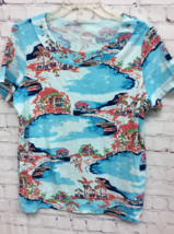 Kim Rogers Womens Blouse Blue Red Hawaiian Short Sleeve Scoop Neck Petites PL - £5.54 GBP