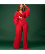 Two Pieces Set Crop Tops Long Sleeves V Neck High Waist Pleated Wide Leg... - $64.95