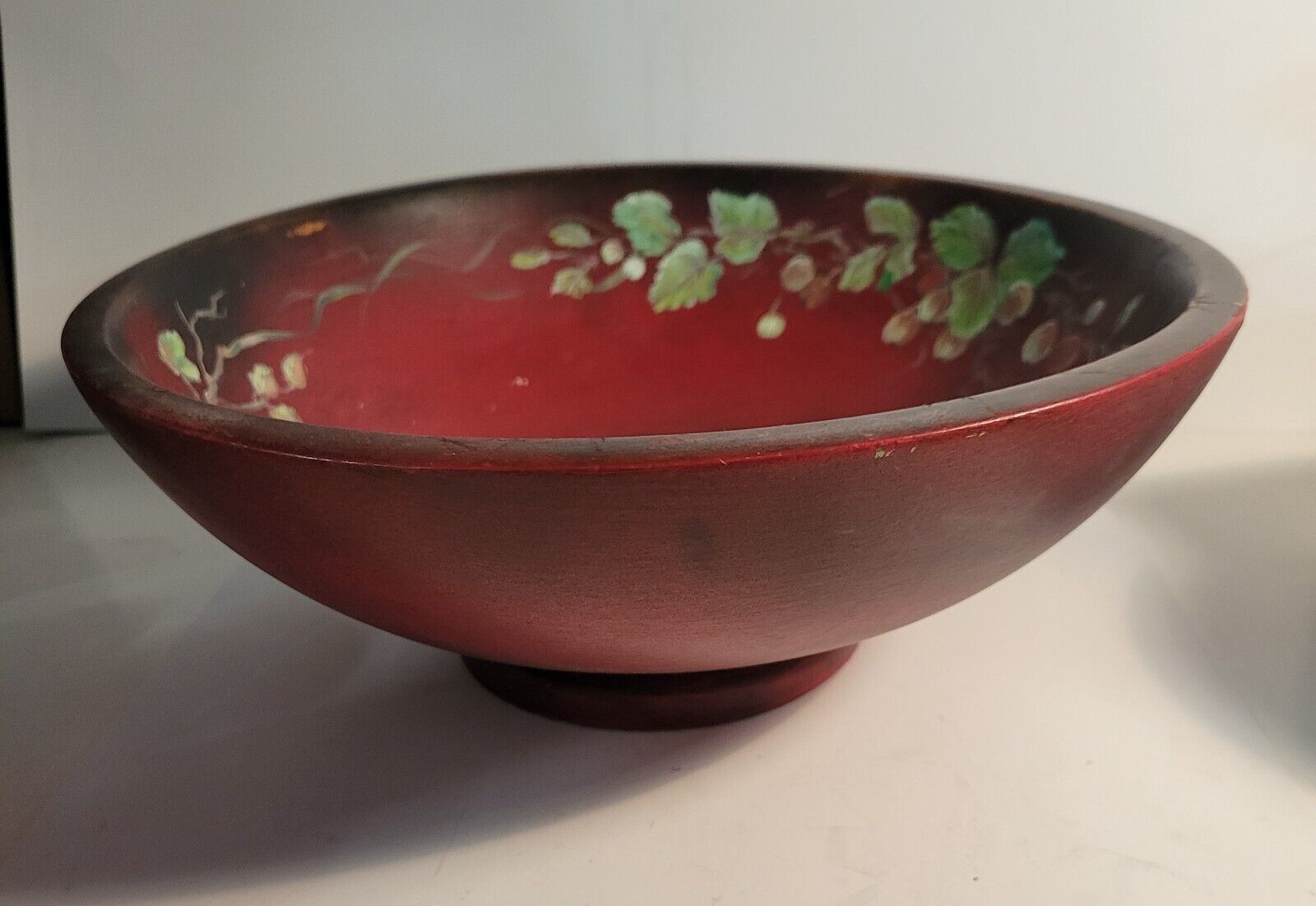 Wood Fruit Bowl Footed Red with Ivy Design VTG - $52.00