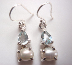 Faceted Blue Topaz and Cultured Pearl 925 Sterling Silver Dangle Earrings Small - £13.01 GBP