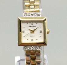Vintage Gruen Watch Women 21mm Gold Tone Square Dial Bling New Battery 7.25&quot; - £19.56 GBP