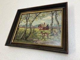Vintage Needlepoint Wall Art Mid Century Modern Country Farm Landscape 40s Frame - £19.65 GBP