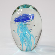 Art Blown Glass Blue Swirl Jellyfish Decorative Sculpture Fish Paperweight  - $10.23