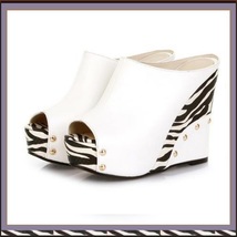 Zebra Open Toe PU Leather Platform Wedge Sandals in Orange White or Black image 2