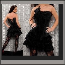  Black Satin Brocade Victorian Gothic Lace Up Bustier Corset W/ Lace Skirt  image 1