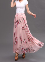 Pink Floral Long Chiffon Skirt Women Summer Plus Size Flower Chiffon Skirt image 10