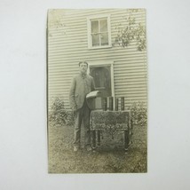 RPPC Photo Postcard Man &amp; Bible Encyclopedias John Sleppy Jr Ohio Antique 1910s - £15.70 GBP