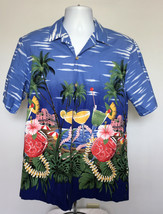 Mens RJC Hawaiian Shirt Large Palm Trees Cocktails Leis Friday Aloha pocket blue - £26.07 GBP