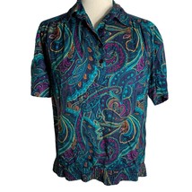 Vintage Alfred Dunner Polo Shirt M Blue Paisley Elastic Buttons Short Sleeves - £21.76 GBP