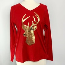 St. John&#39;s Bay Womens Red Gold Metallic V-Neck Deer Holiday T-Shirt Size... - $342.21 MXN