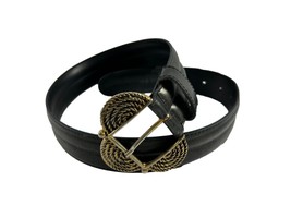 Accessory Lady Black Leather Belt Size Small Italy Made Gold Tone Metal Buckle - £19.89 GBP
