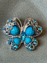 Estate Large Lacey Silvertone Butterfly w Turquoise Plastic Heart Shaped Cabs &amp; - £10.46 GBP