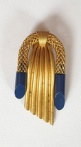 Old Art Deco Style Dress Clip Brooch Costume Jewelry - Gold &amp; Dark Blue Color - £30.95 GBP