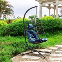 Outdoor patio Wicker Hanging Chair Swing Chair Patio Egg Chair - Dark Blue - £156.45 GBP