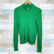Ralph Lauren Sport Vintage 90s Y2K Cable Knit Zip Up Sweater Green Womens Large - £54.48 GBP