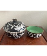 Vintage Chinese Cloisonne Floral Enamel Bowls Black White Lid Lot Of 2 M... - $1,638.27 MXN
