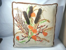 Hand Crafted Vintage Fall Floral Embroidered Needlework Crewel Throw Pillow - £23.91 GBP