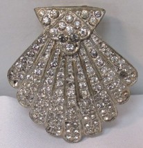 Vintage Seashell Design 1 1/2&quot; Silver Tone Fur Clip Scarf Pin Clear Rhin... - £11.98 GBP