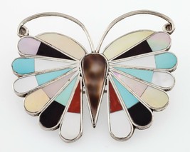 Vintage Zuni Butterfly Multi Color Inlaid Sterling Silver 2 in 1 Pendant... - £101.94 GBP