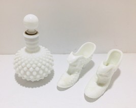 LOT Fenton Milk Glass White Hobnail Glass Shoe W/Cat + Perfume Bottle &amp; Shoe - £50.04 GBP