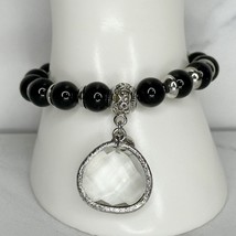 Chico&#39;s Black and Silver Tone Beaded Stretch Bracelet - £7.77 GBP