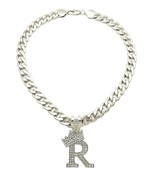 King &amp; Queen Initial Letter R Crystals Pendant Silver-tone Cuban Chain N... - £19.51 GBP