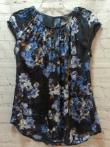 Simply Vera Wang Women s small blouse pintuck pleated blue watercolor fl... - £10.24 GBP