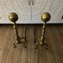Antique Wayne Co Federal Style Large Brass Cannon Ball Top Andirons Circ... - £196.17 GBP