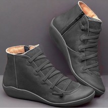 Women&#39;s PU Leather Ankle Boots Women Autumn Winter Cross Strappy Vintage Women P - £36.31 GBP