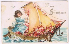 Postcard Embossed Valentine To My Sweetheart Lady In Boat Flowers - £3.14 GBP