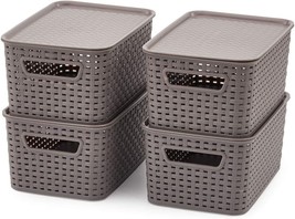 EZOWare set of 4 Lidded Storage bins, Small Plastic Stackable Weaving Wicker - £28.76 GBP