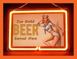 Ice Cold Beer Served Here Vintage Pin up Girl Hub Bar Advertising Neon Sign - £62.94 GBP