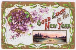 Postcard Embossed Good Luck In The New Year Violets Bringing Home Sheep - £3.10 GBP