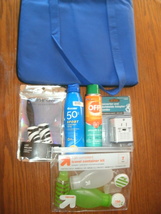 NEW Travel Bundle Lot of 13 items w/ adapter, bottles, blanket, sunscree... - £10.99 GBP