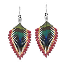 Vibrant Peacock Feather and Red Beads Sterling Silver Dangle Earrings - £13.73 GBP