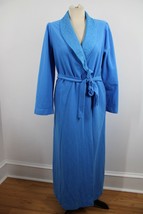 Vtg Shadowline M Blue Fleece Long Poly Robe USA Embroidery Belt Tie Pockets - £37.25 GBP