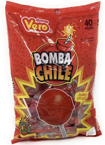 Primary image for 2 X Vero Bomba Chile Paletas Fresa Flavor Mexican Hard Candy LolliPops 