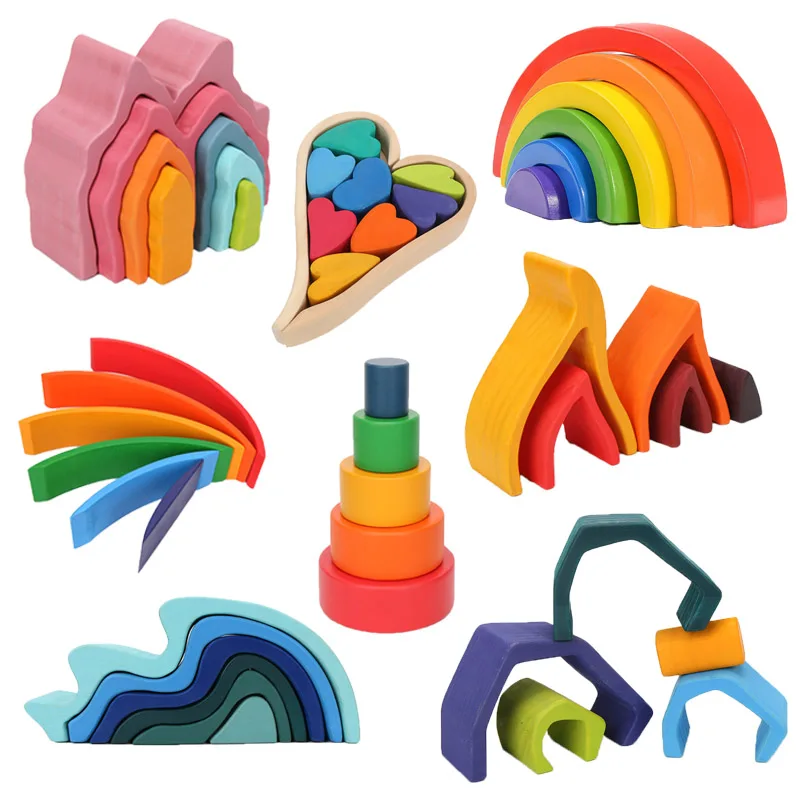 Wooden Rainbow Blocks Wood Stacking Toys Grims Rainbow Wood Building Blocks - £13.15 GBP+