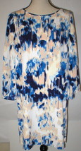 Womens 10 NWT $145 NYDJ Mosaic Shift Dress Blue Peach White Slit Sleeves Silky - £113.42 GBP