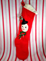 Darling Vintage Hand Knit Red &amp; White Jolly Snowman Christmas 28&quot; Stocking  - £30.36 GBP