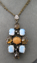 NR AVON Pendant Necklace Opaque Glass Stones  20&quot; Long Double Chain Bron... - $9.89