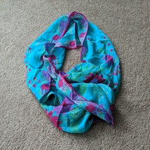 Liz Claiborne Teal Turquoise Neck Scarf Red Flowers Rolled Hem 10&quot;x51&quot; - £8.98 GBP