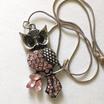 Rhinestone Owl Necklace Pendant Pink Black Silver Tone Antiqued Large Sparkly - £10.11 GBP