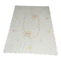 Large Scalloped Rectangle Cross Stitch Embroidered Floral Tablecloth SEE... - $37.39