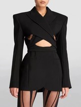 Trendy Women&#39;s Notched Collar Black Drawstring Coat - $115.20