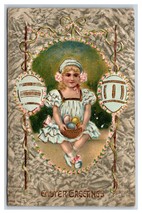 Little Girl Colored Eggs in Basket Easter Greetings Gilt Embosed DB Postcard L17 - £3.53 GBP