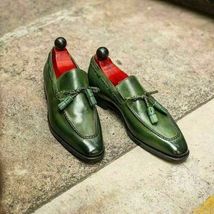 Handmade Men&#39;s Green Tassels Moccasin Dress Shoes Original Leather Loafer Shoes - £100.61 GBP
