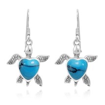 Loving Ocean Sea Turtle with Blue Turquoise Inlays Sterling Silver Earrings - £19.61 GBP